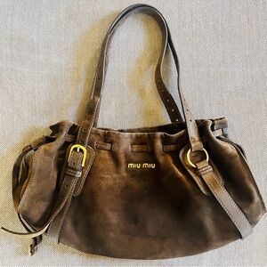Miu Miu Chocolate Brown Suede Shoulder Bag with Gold Hardware